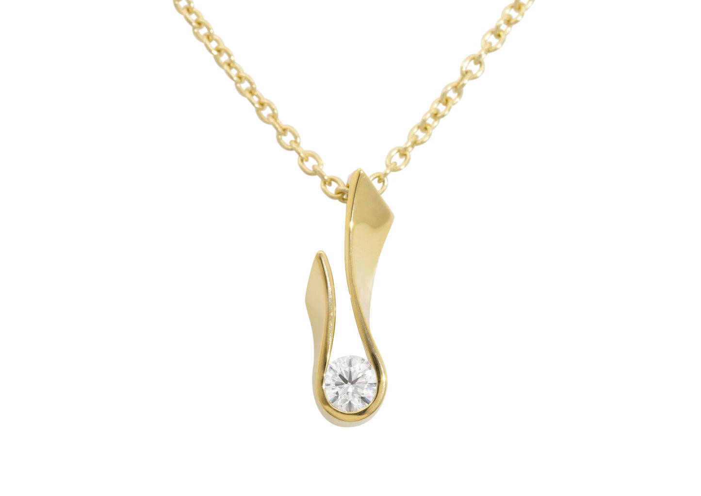 Flame Pendant with Round Diamond, Yellow Gold