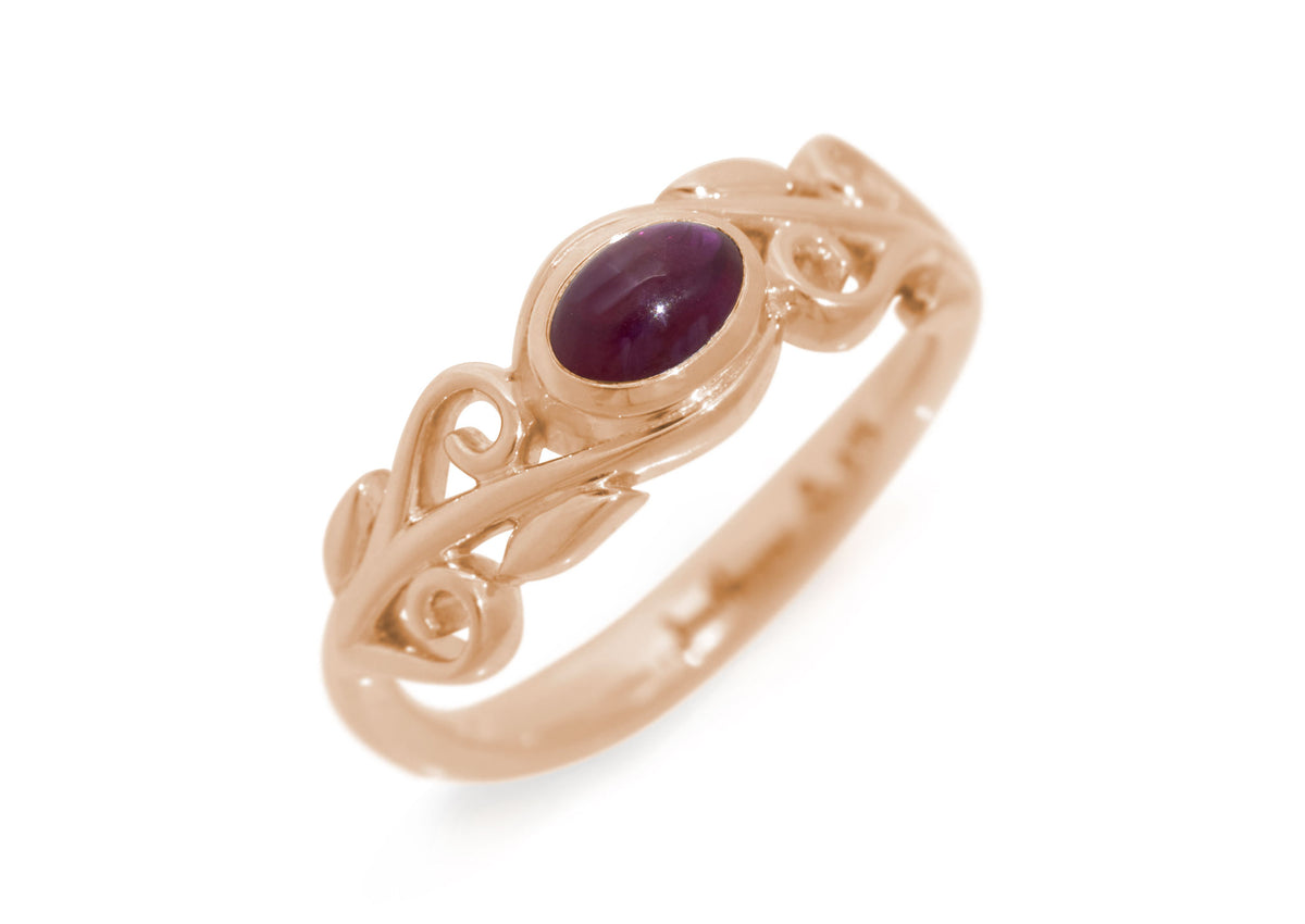 Cabochon Precious Gemstone Elvish Vine Ring, Red Gold