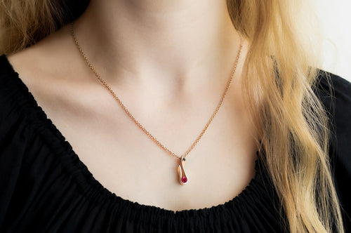 Flame Pendant with Precious Round Gemstone, Red Gold