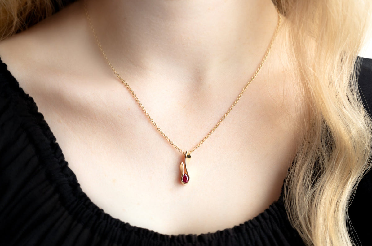 Flame Pendant with Precious Pear Gemstone, Yellow Gold