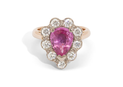 Custom Pink Sapphire & Diamond Halo Ring, Red & White Gold