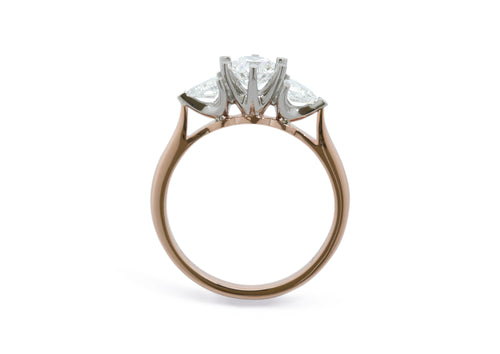 Custom Three Stone Diamond Engagement Ring, Red Gold & Platinum