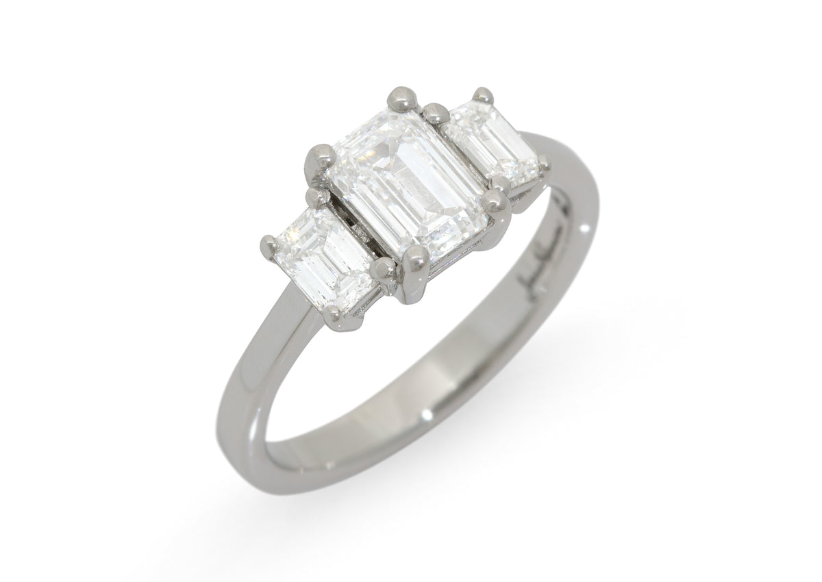 Custom 3 Stone Rectangle Diamond Engagement Ring, Platinum