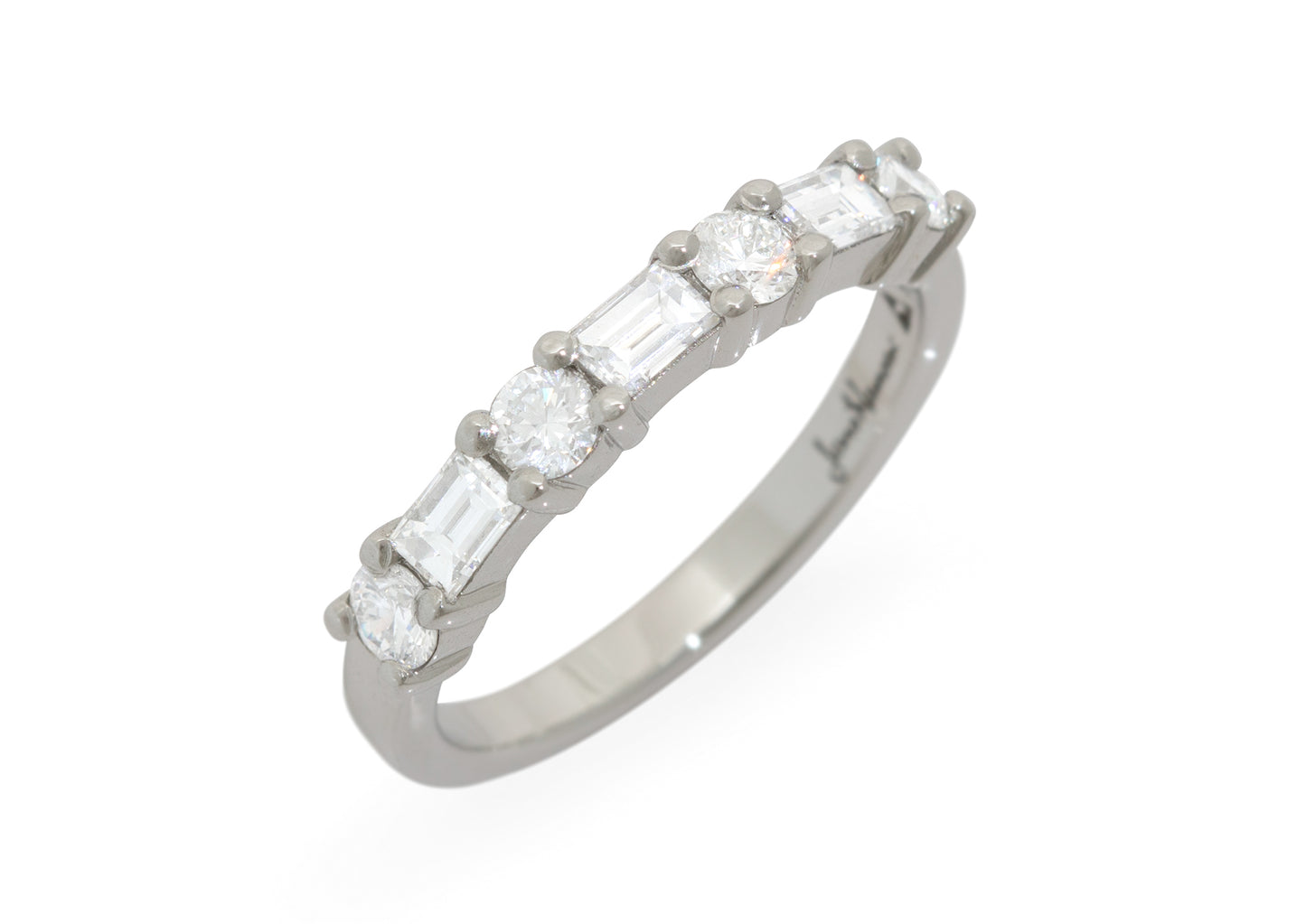 Custom Alternating Baguette and Round Diamond Wedding Band, Platinum