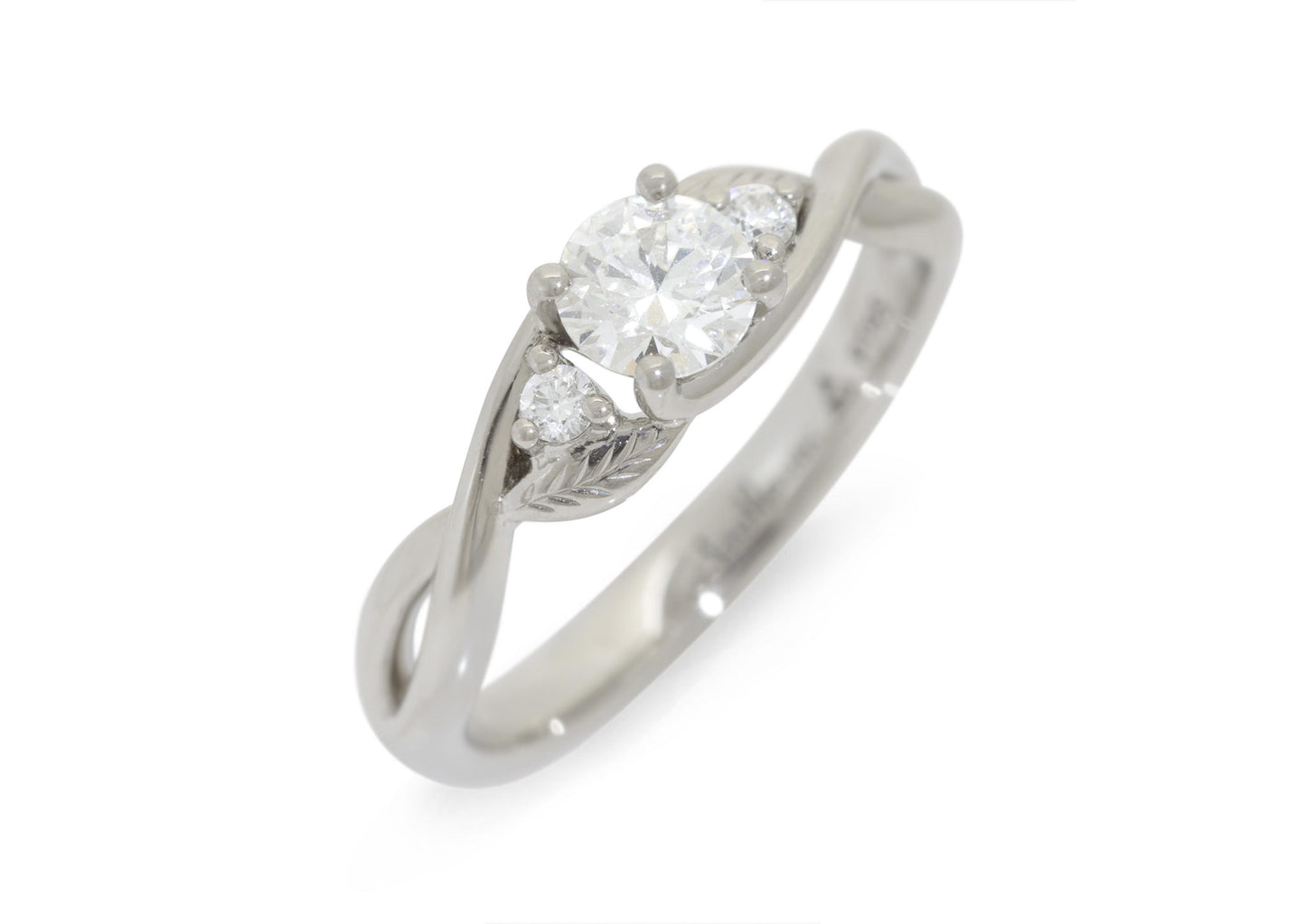 Three-Stone Round Diamond Elvish Vine Engagement Ring, White Gold & Platinum