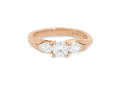 Three-Stone Round & Pear Diamond Elvish Vine Engagement Ring, Red Gold