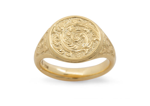 Round Hand Engraved Signet Ring, Yellow Gold