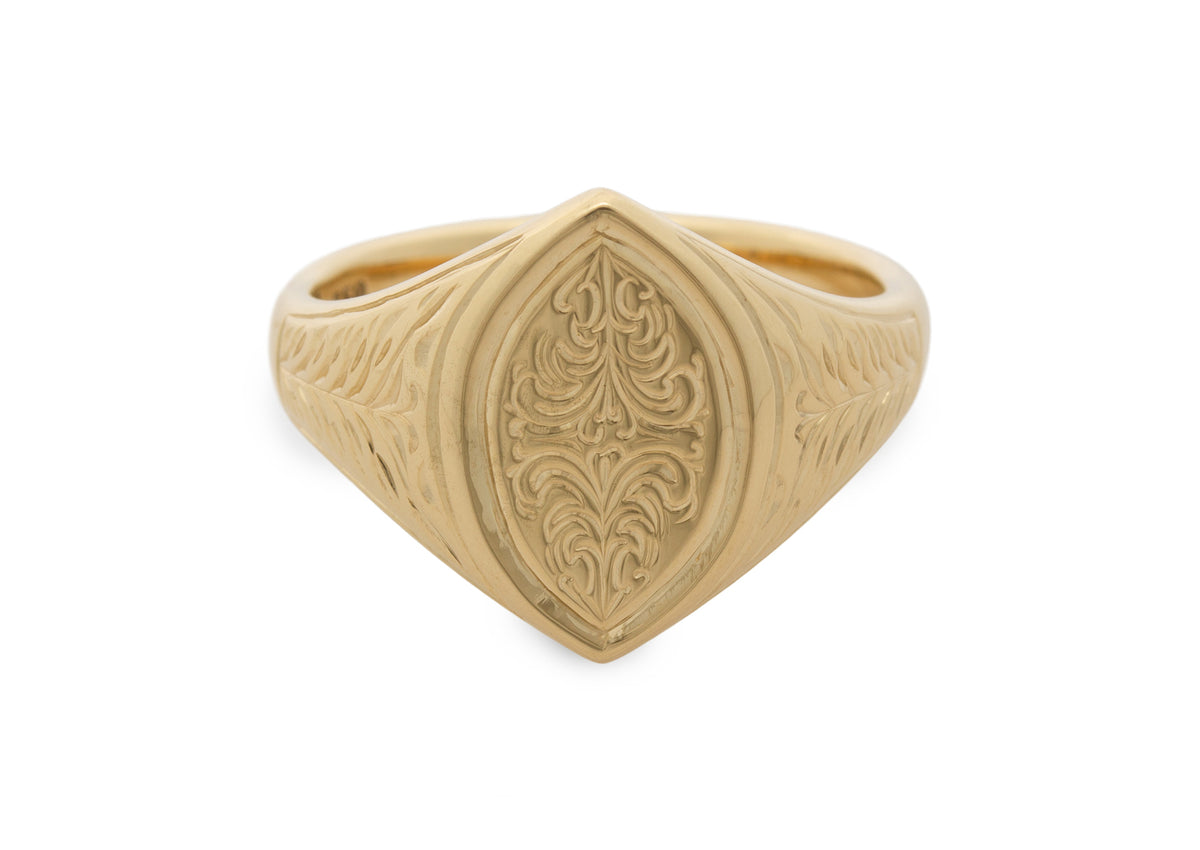 Navette Hand Engraved Signet Ring, Yellow Gold