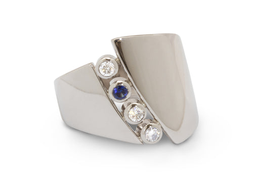 Custom Diamond & Sapphire Asymmetric Ring, Platinum