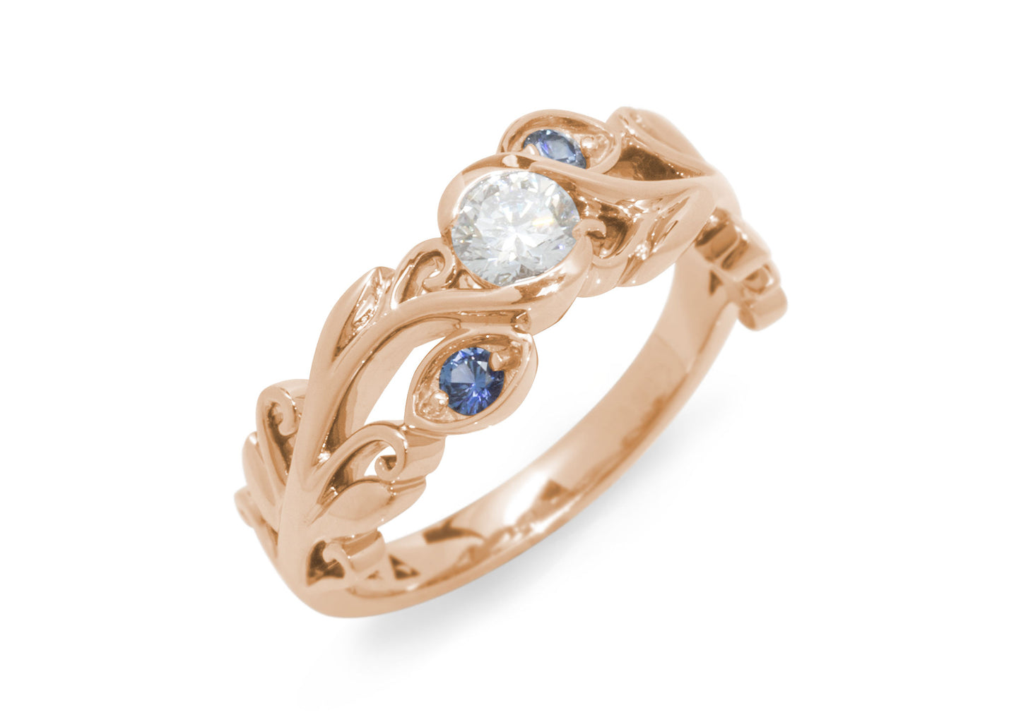 Three-Stone Diamond & Sapphire Elvish Vine Engagement Ring, Red Gold