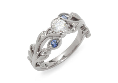 Three-Stone Diamond & Sapphire Elvish Vine Engagement Ring, White Gold & Platinum