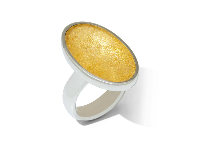 24ct Gold Leaf Large Oval Resin Ring, Sterling Silver