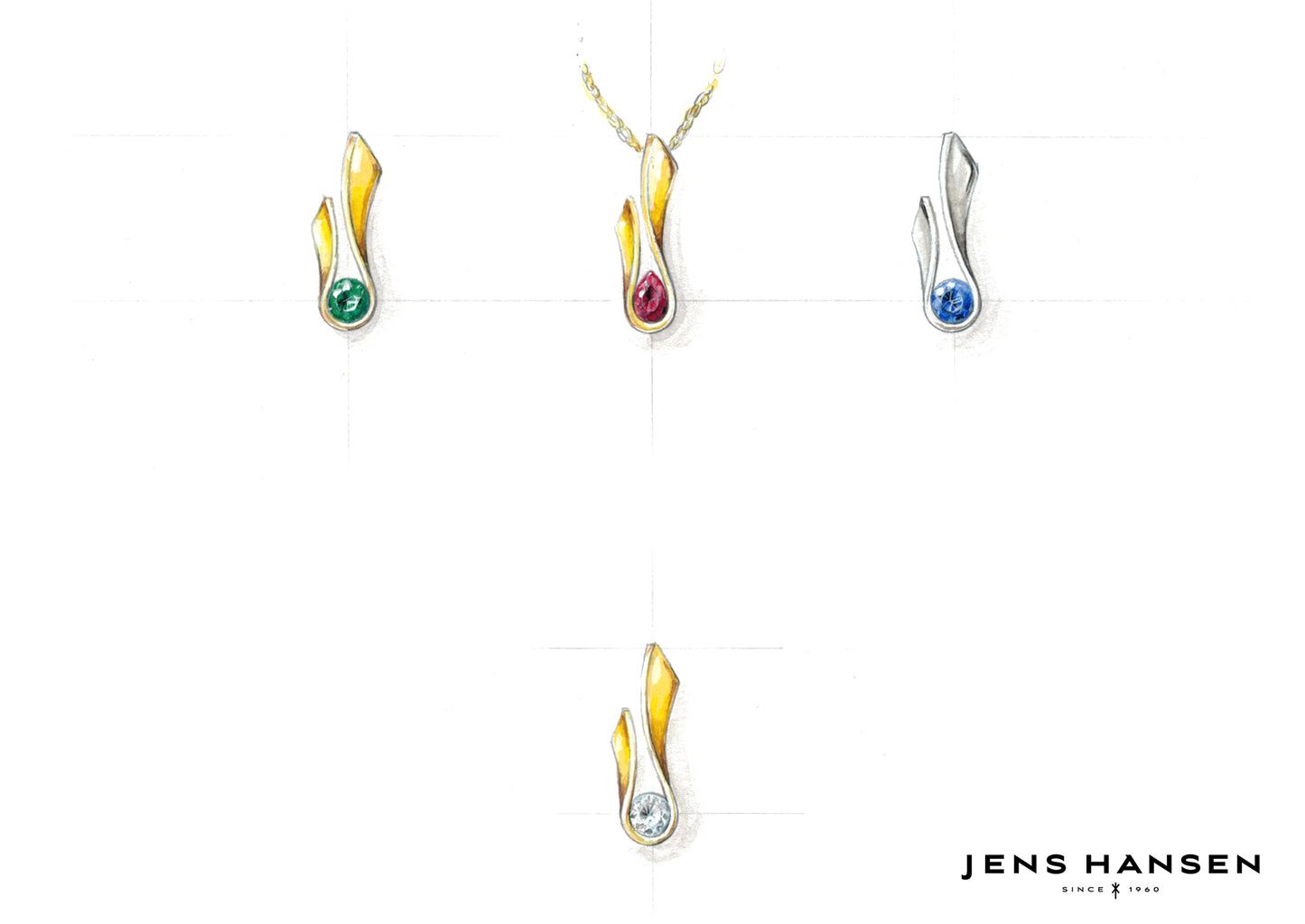 Flame Pendant with Precious Round Gemstone, Yellow Gold