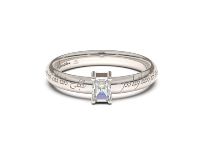 Emerald Cut Classic Slim Elvish Engagement Ring, White Gold & Platinum