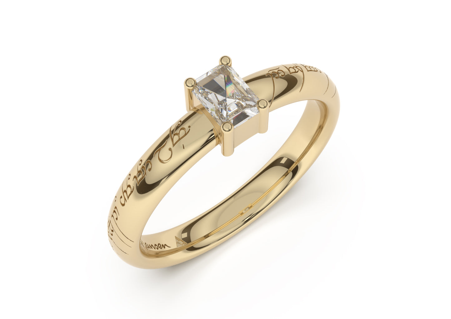 Emerald Cut Classic Slim Elvish Engagement Ring, Yellow Gold