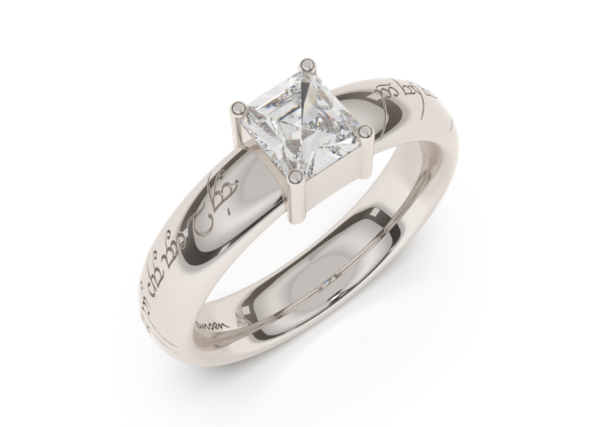 Emerald Cut Classic Elvish Engagement Ring, White Gold & Platinum