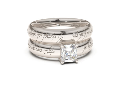 Emerald Cut Classic Elvish Engagement Ring, White Gold & Platinum