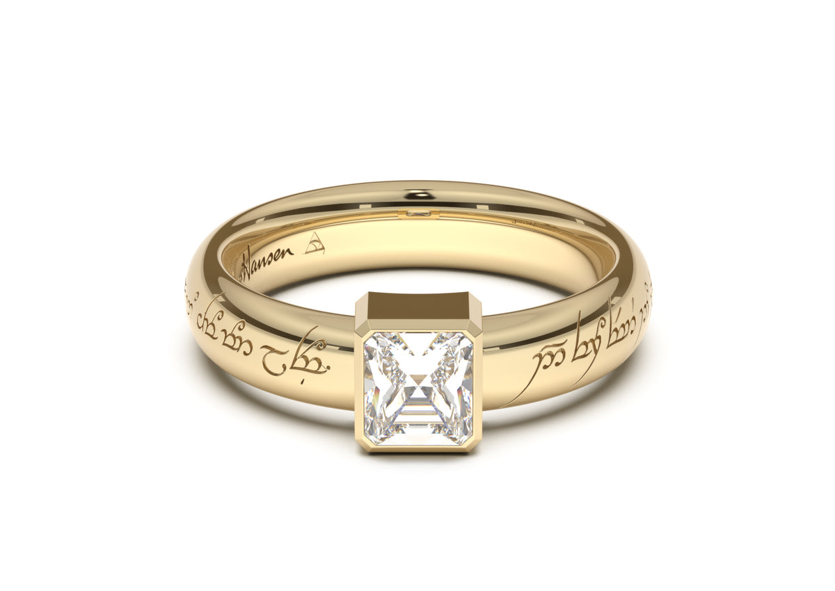Emerald Cut Modern Elvish Engagement Ring, Yellow Gold