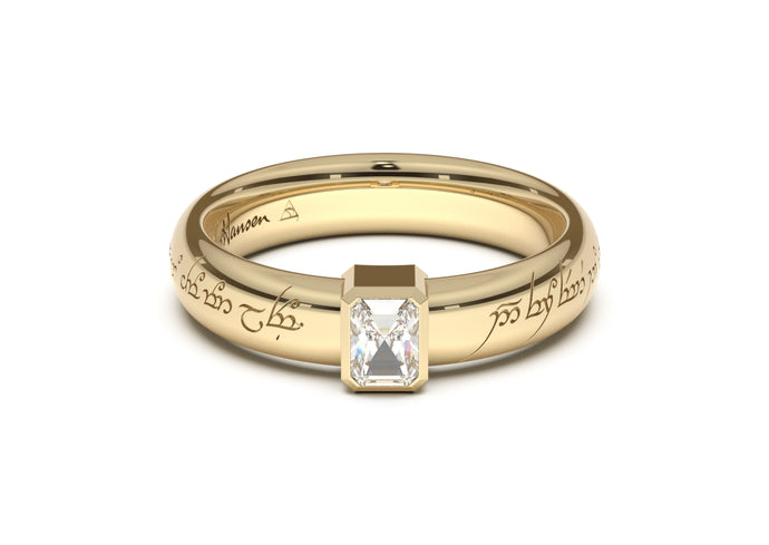 Emerald Cut Modern Elvish Engagement Ring, Yellow Gold