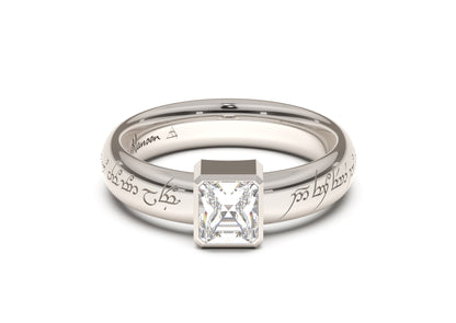 Emerald Cut Modern Elvish Engagement Ring, White Gold & Platinum