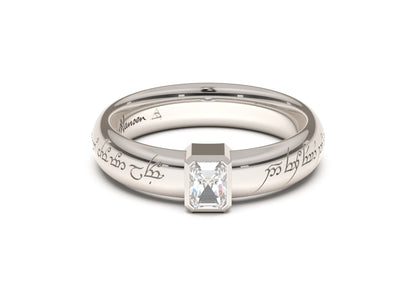 Emerald Cut Modern Elvish Engagement Ring, White Gold & Platinum