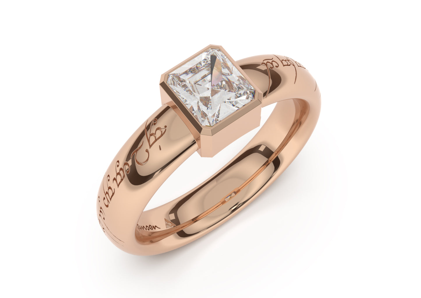 Emerald Cut Modern Elvish Engagement Ring, Red Gold