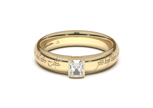 Emerald Cut Elegant Elvish Engagement Ring, Yellow Gold