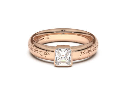 Emerald Cut Elegant Elvish Engagement Ring, Red Gold