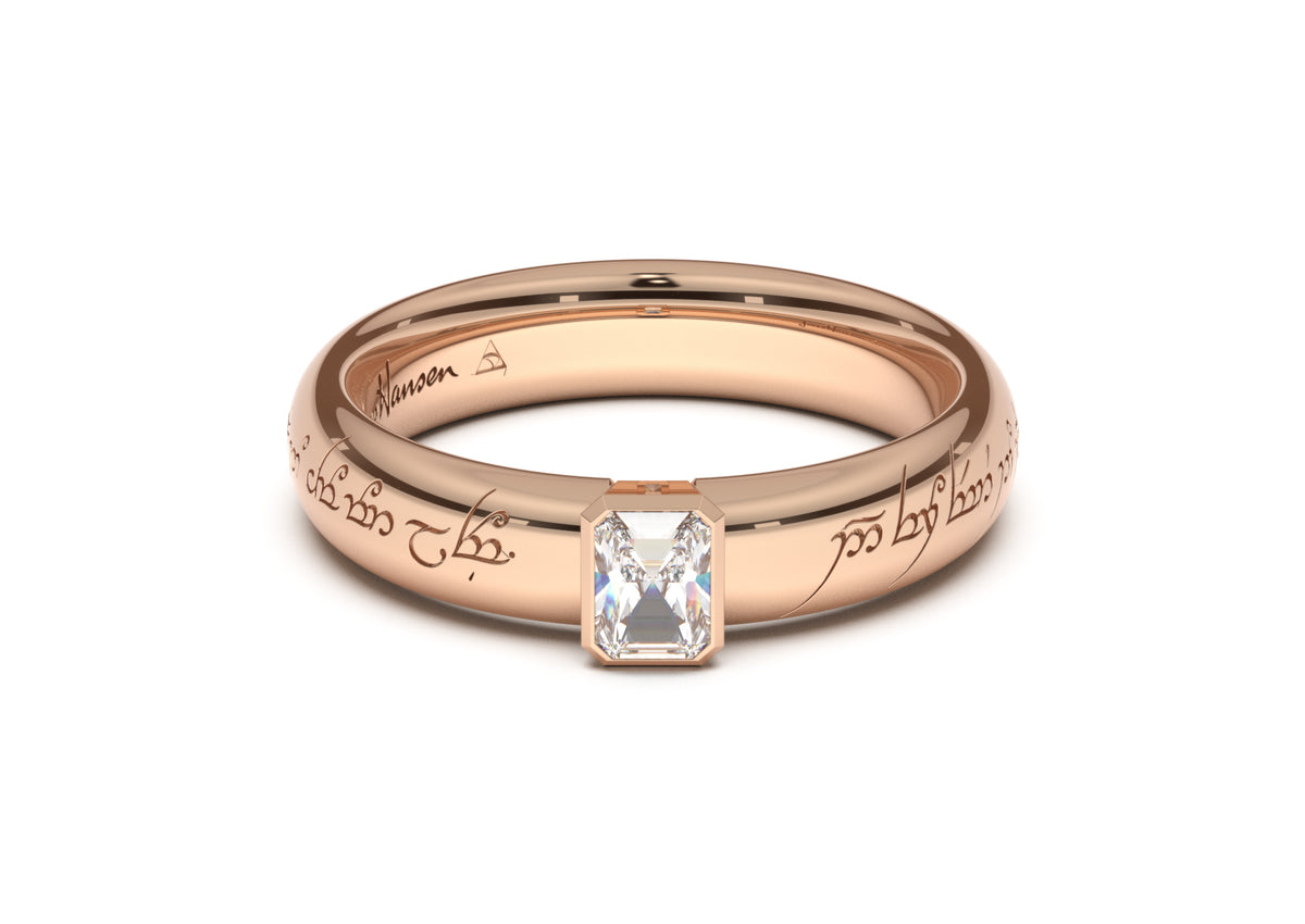 Emerald Cut Elegant Elvish Engagement Ring, Red Gold