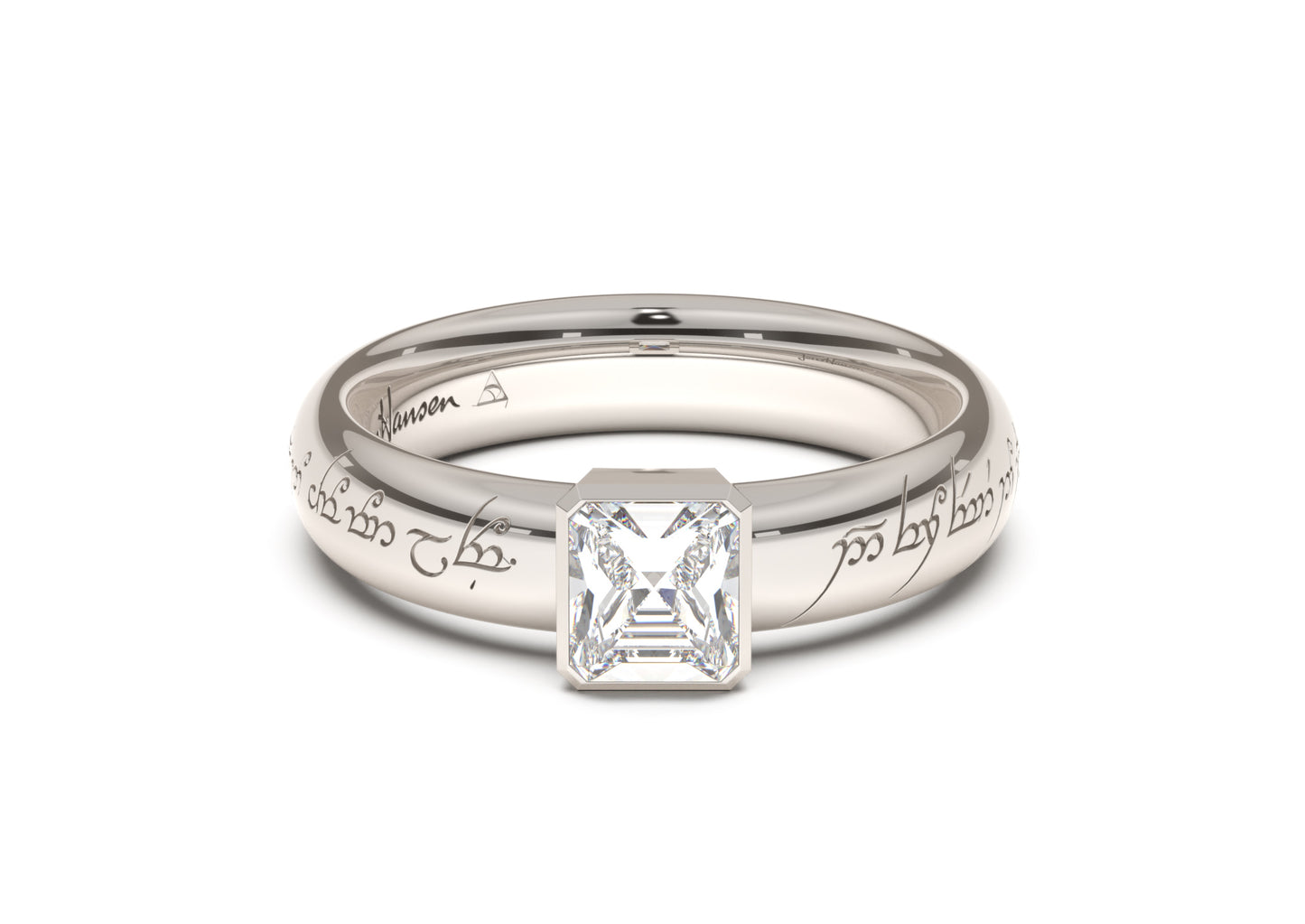 Emerald Cut Elegant Elvish Engagement Ring, White Gold & Platinum