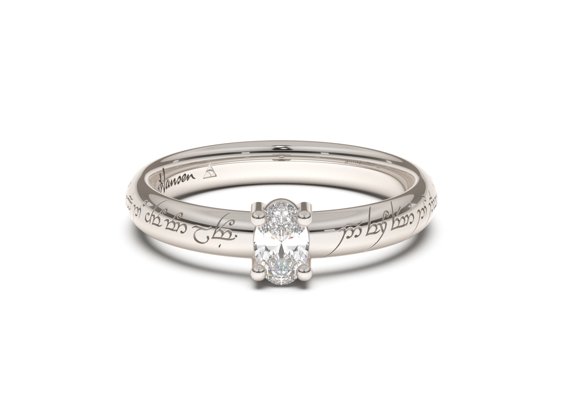Oval Contemporary Slim Elvish Engagement Ring, White Gold & Platinum