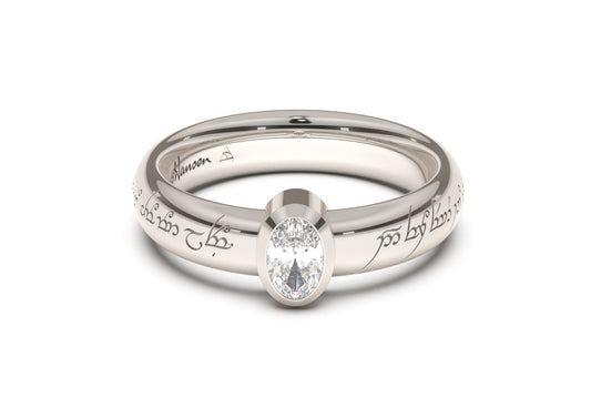 Oval Modern Elvish Engagement Ring, White Gold & Platinum