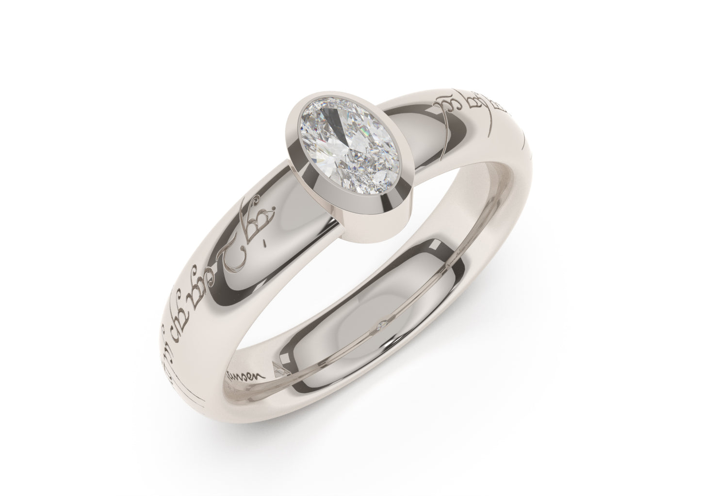 Oval Modern Elvish Engagement Ring, White Gold & Platinum