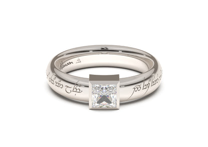 Princess Modern Elvish Engagement Ring, White Gold & Platinum