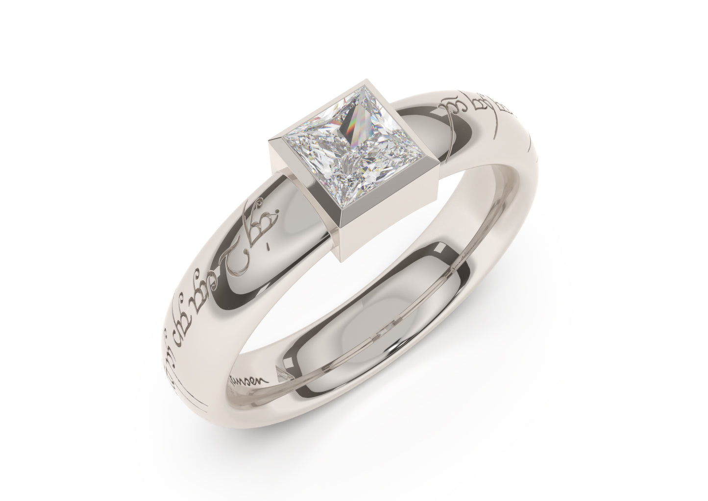 Princess Modern Elvish Engagement Ring, White Gold & Platinum